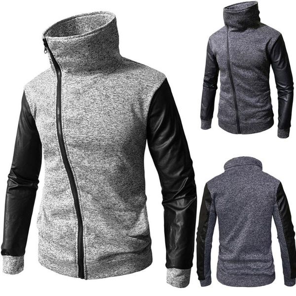 

men's hoodies & sweatshirts men sweatshirt casual autumn winter zipper leather patchwork mantle turn down collar fashion outwear warm m, Black