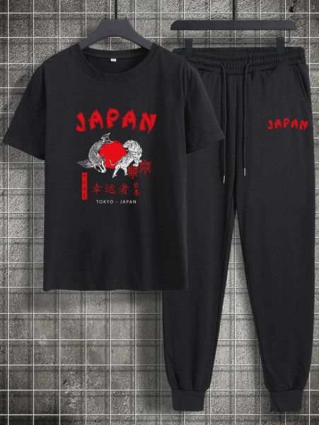 

romwe guys letter tiger & fish graphic tee & drawstring sweatpants 81v2#, Gray