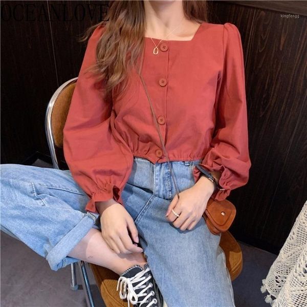 

oceanlove autumn women blouses solid puff sleeve sweet short blusas mujer korean elegant buttons 2020 shirts 178001, White