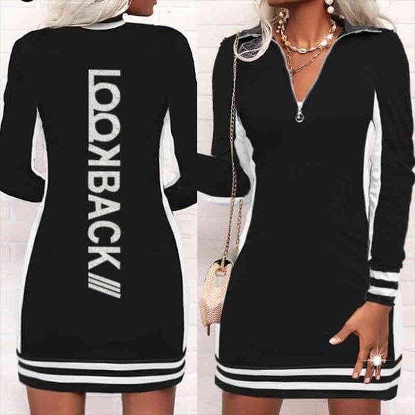 

dresses for women zipper v neck long sleeve mini dress spring autumn stripped letter printing mini dresses plus size, Black;gray