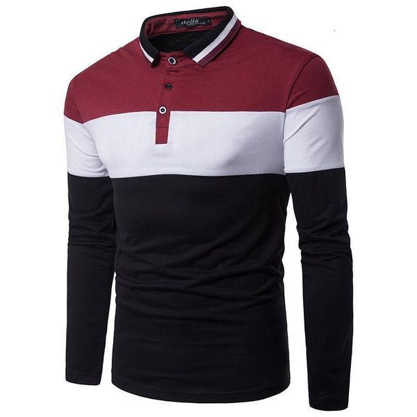 

men's casual long-sleeved fashion color stitching neckline polo shirt men clothing tees, White;black