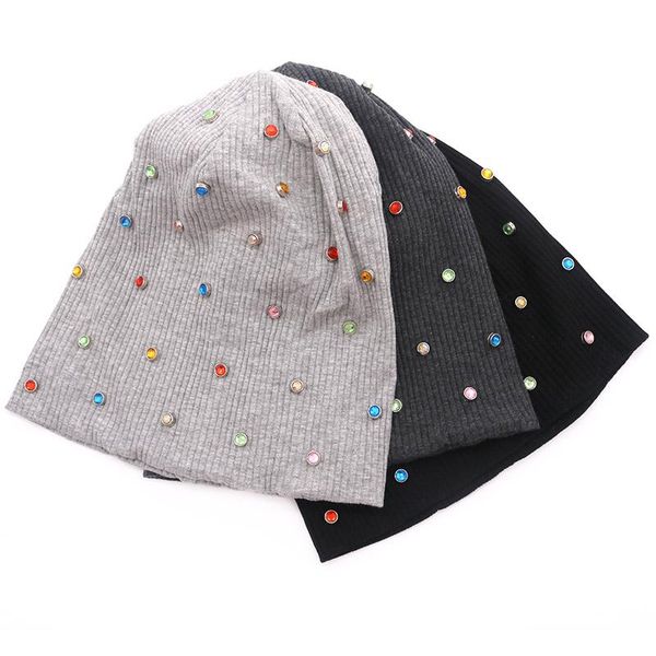 

beanie/skull caps women multi-color rhinestones black cotton beanie hats design solid ribbed knit ladies bonnet wholesale slouch, Blue;gray