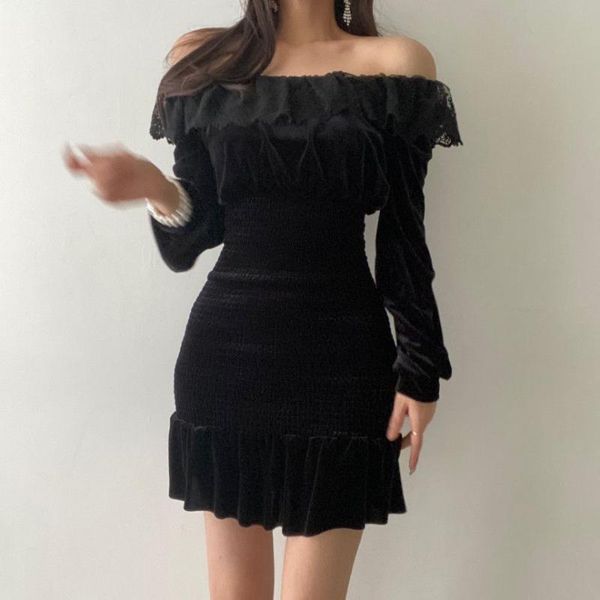 

casual dresses 2021 autumn women korean elegant mini dress slash neck off shoulder lace patchwork vestidos pleated bodycon robe, Black;gray
