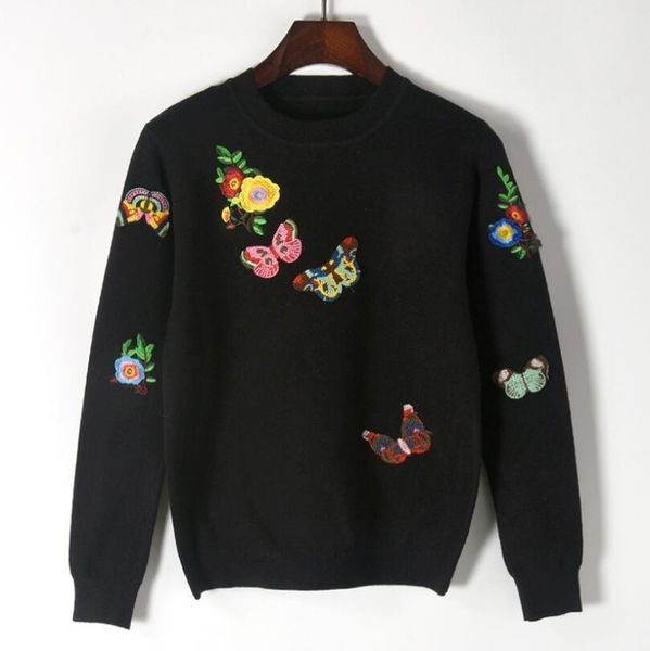 

2021 korean knitted women's patched flower butterfly pattern sweater femme tricot pull jumper p79 ggl4, White;black