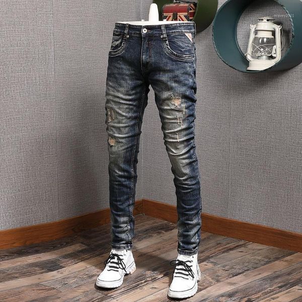 

men's jeans italian style fashion men retro black blue slim fit ripped vintage designer patchwork denim pants homme1