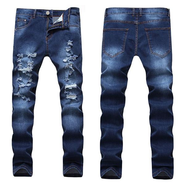 

men new straight leg men holes korean slim business casual pants hong kong fashion brand pants men's trend men's, Blue
