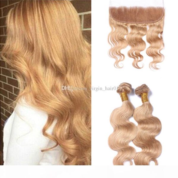 

patinum blonde lace frontal closure with hair bundles #27 honey blonde body wave brazilian human hair with lace closure 13*4 bleached knots, Black;brown