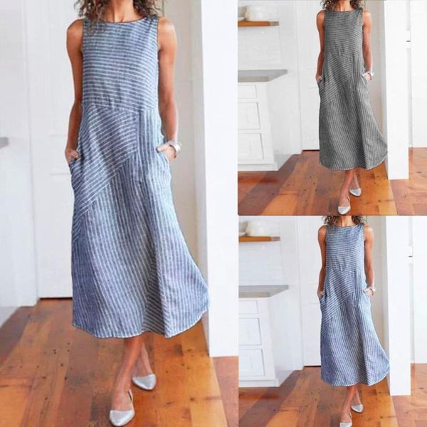 

summer dress 2020 women long dresses striped linen pocket loose dress women casual striped sleeveless crew neck1, Black;gray
