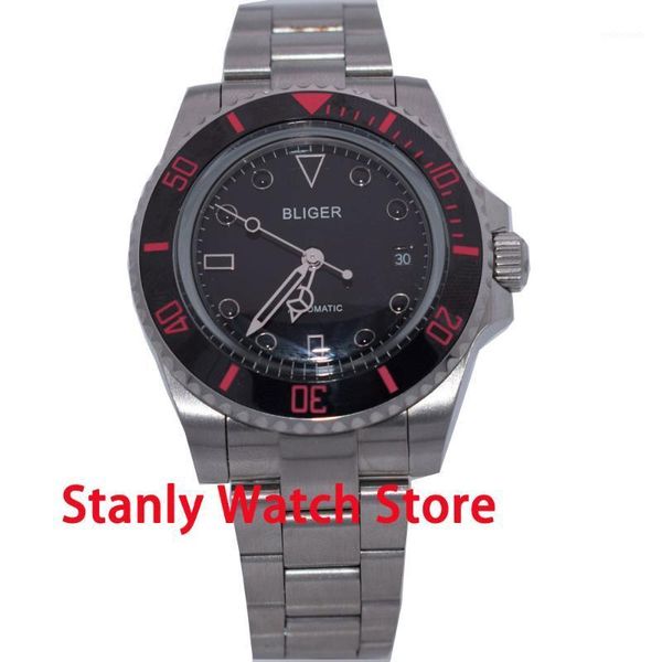 

bliger 40mm black dial ceramic rotating bezel stainless steel bracelet acrylic glass miyota 8215 automatic movement men's watch1, Slivery;brown