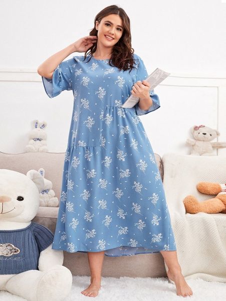 

plus floral print flounce sleeve night dress b239#, Black;white