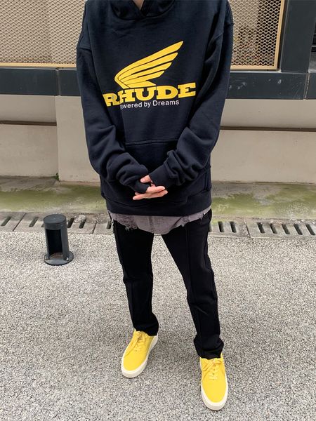 

rhude20fw yellow wing letter print oversize high street trendy loose fitting hooded men's sweater, Black