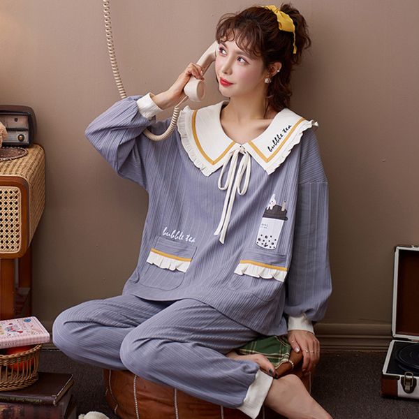 

2021 new style women's autumn spring pajama set sweet printing female sleepwear down collar long sleeve nightwear dvnf, Black;red