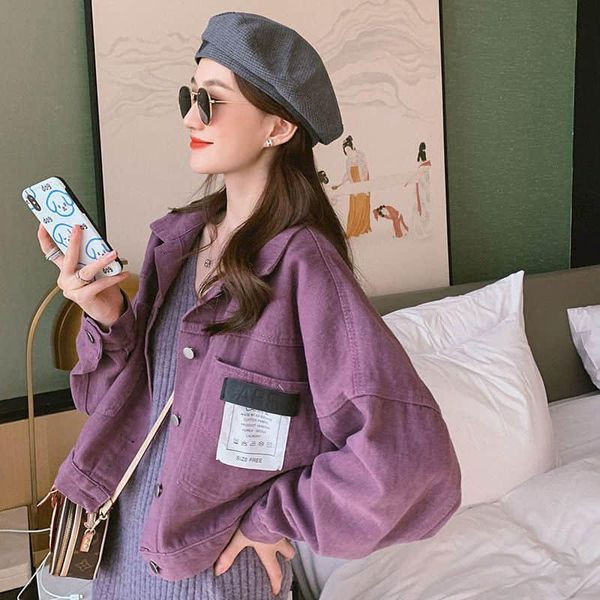 

tooling short denim jacket spring autumn retro port style neutral 2021 new female loose jacket elegant mysterious purple coat, Black;brown