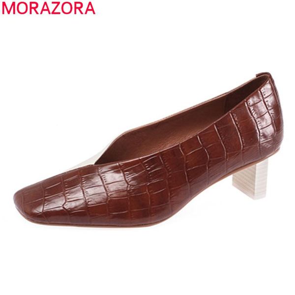 

morazora 2020 fashion women pumps genuine leather shallow party dress shoes summer mixed colors ladies shoes, Black