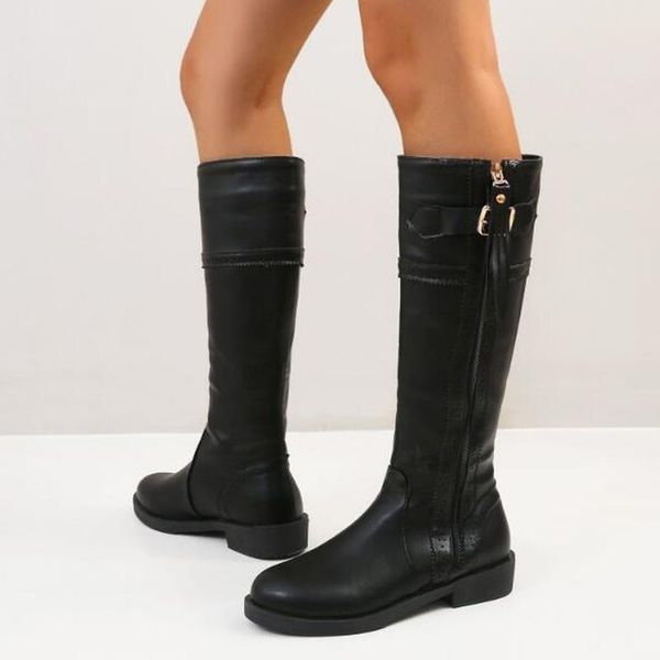 

women knee high boots chaussure booties low heels plus size vintage pu leather knight shoes woman zapatos mujer sapato d1792, Black