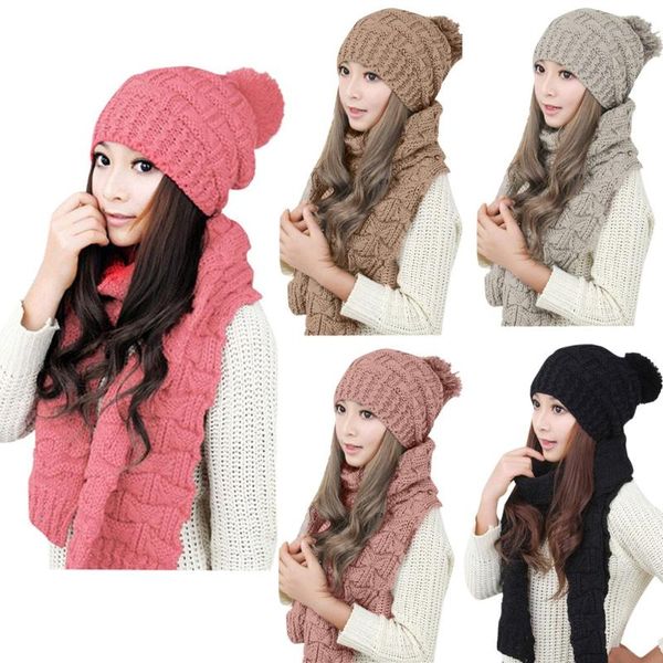 

beanies sweet and lovely, warm comfortable women casual solid outdoor plush ball hats crochet knit scarf beanie cap suit