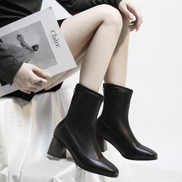 

winter ladies square toe short plush women's boots pu leather female ankle boot fashion 2021 woman mid heel botas mujer zipper, Black