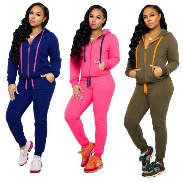 

drop shipping 2020 winter outfits women two pieces sets with pocket sport wear long sleeve hoodies pants women1, Gray