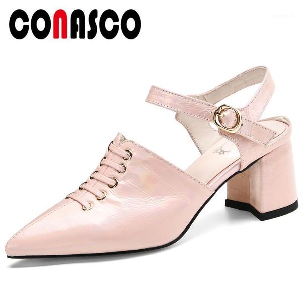 

dress shoes conasco office lady elegant women sandals wedding high heels pointed toe genuine leather narrow band woman 2021 summer1, Black