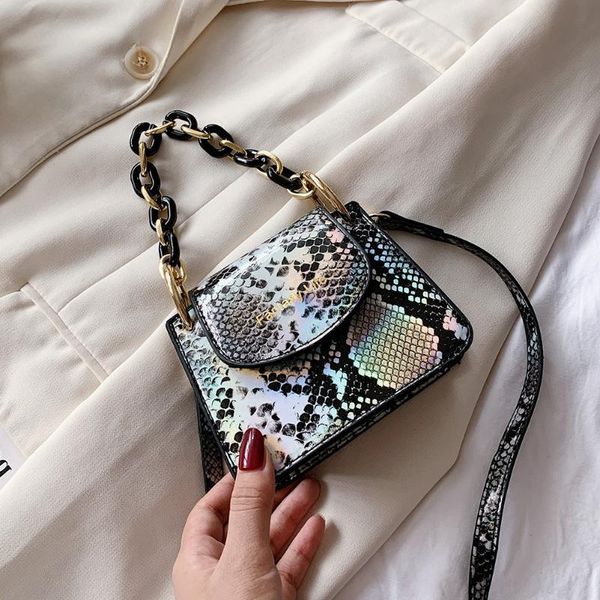 

fashion serpentine women shoulder bag retro pu leather snake print acrylic chain mini totes pouch for female small crossbody bag