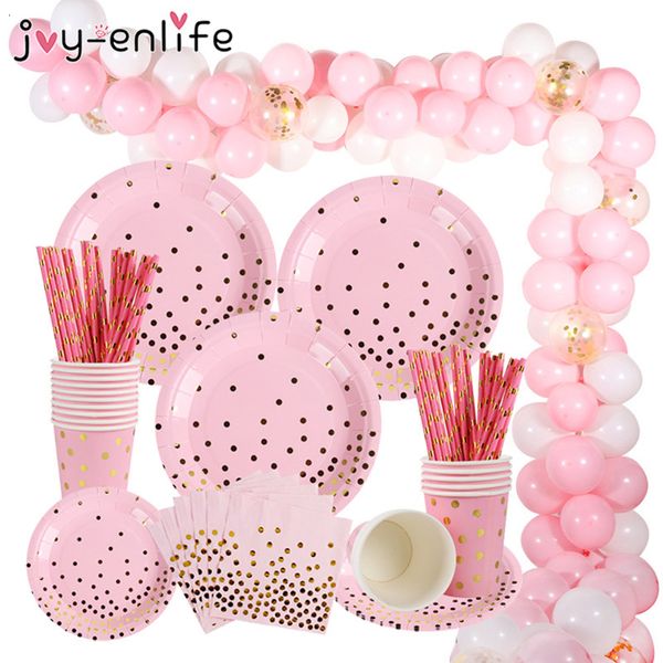 

pink gold dot disposable tableware set paper plates cups baby shower unicorn girl 1st birthday party decorations supplies