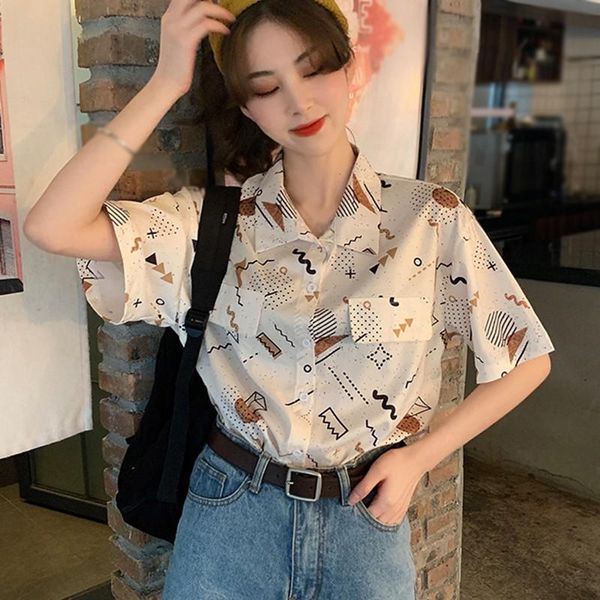 

fashion women summer short sleeve blouse women's simple cute pattern print turn down collar casual loose, White