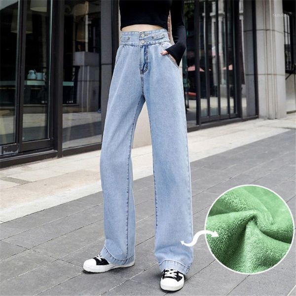 

women winter jeans female thicken warm jeans high waist solid loose denim wide leg pants fleeces jean streetpants p92571, Blue