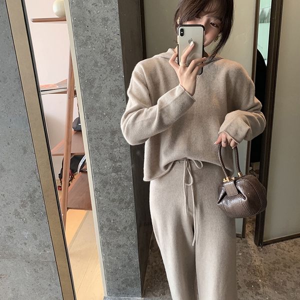

2020 new women knitted sweater two piece set hooded pullover and pants lounge wear casual knitting minimalist style tracksuit t200702, White