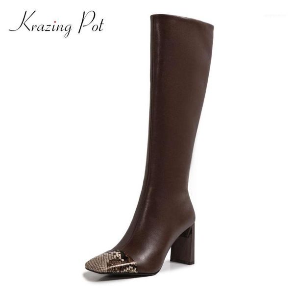 

krazing pot natural leather square toe high heel winter riding boots simple mature lady streetwear fashion knee-high boots l561, Black