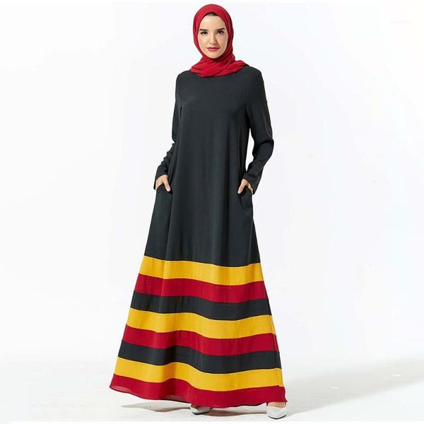 

muslim arabian dress stripe fashion stitching contrast color striped pocket islamic maxi dresses leisure long robes(no turban)1, Red