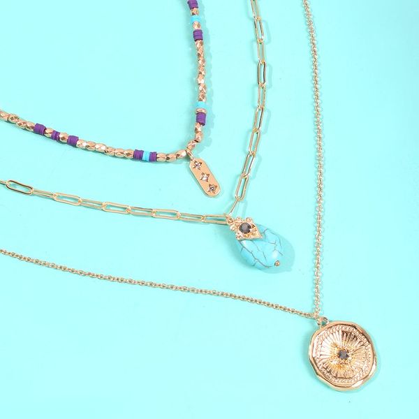 

3шт набор bohemia backhoed star choker choker metal толстая цепь заявление ожерелье женщины золотая цветная ссылка цепи синяя камень кулон о, Silver