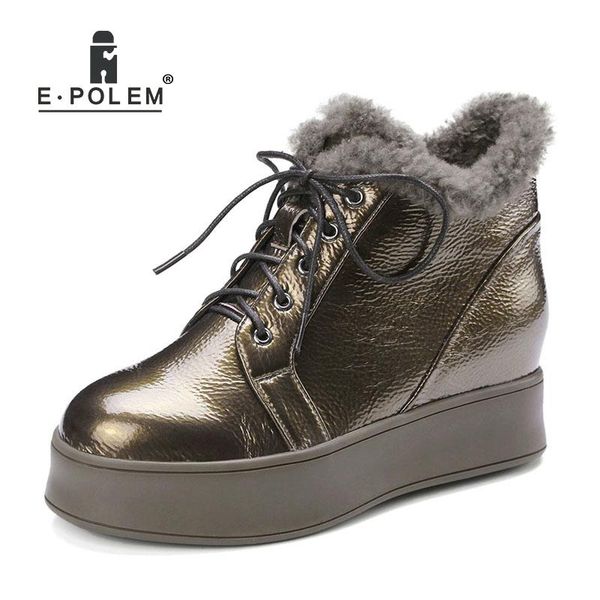 

новая женская сила honegen переднего кружева короткая шерсть снежные ботинки для женщин натуральные кожаные сапоги высокой платформы, Black