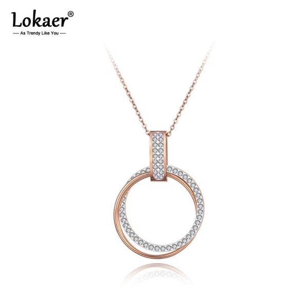 

pendant necklaces lokaer trendy pave setting rhinestone double circle for women stainless steel wedding necklace jewelry n19071, Silver