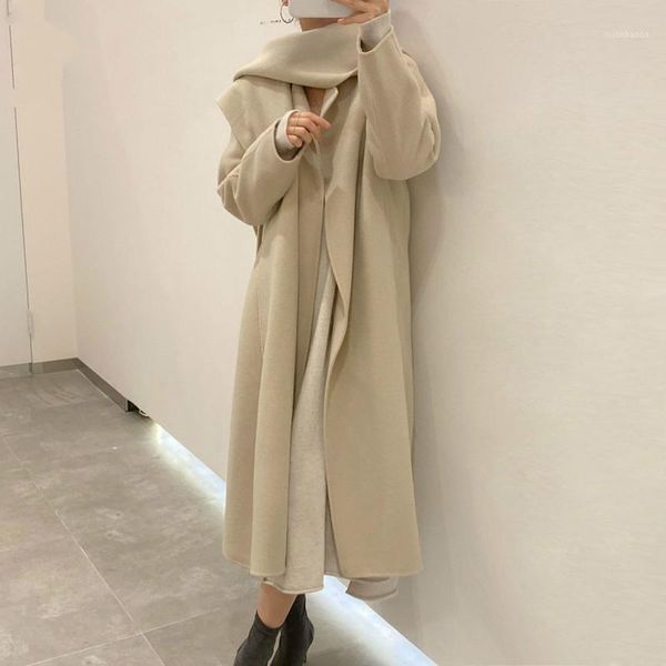 

high end elegant loose woolen windbreaker coats solid color fashion korean chic desigh long coat+ hooded scarf + velvet sashes1, Tan;black