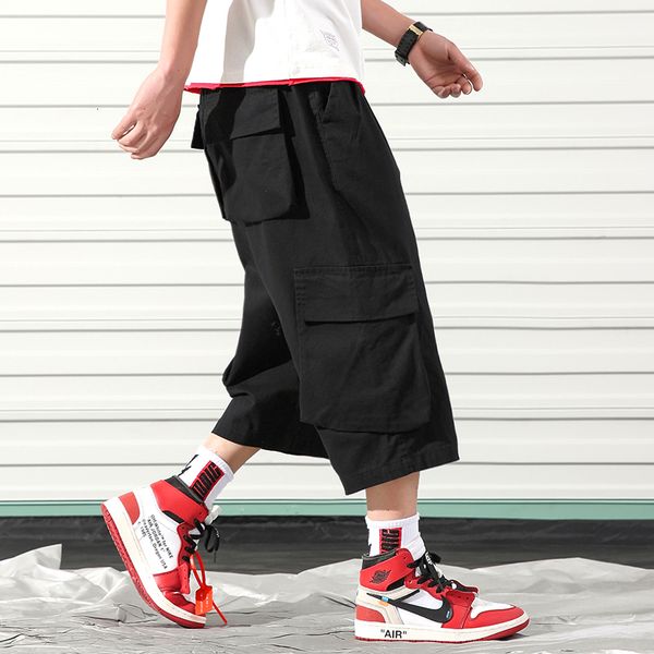 

2021 new men's side pockets hip hop casual male tatical camouflage jogger pants trousers calf-length ih60, Black