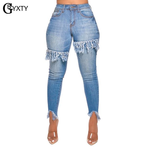 

gbyxty омывается узкие джинсы эластичный мода женщины высокой талией рваные джинсы кисточкой streetwear бахромой джинсовые брюки брюки zl911, Blue
