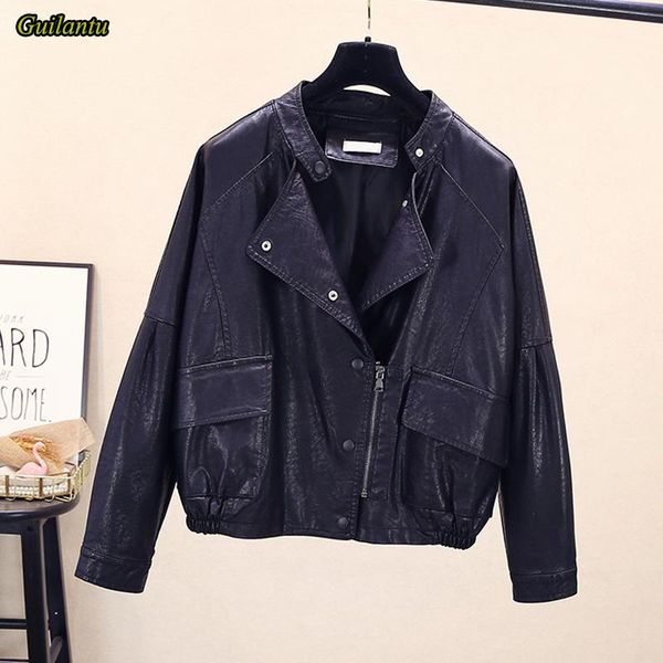 

guilantu 2020 fahion fole foue faux кожаная куртка женщины мандарин воротник молния punk streetwear вершина мотоцикл байкер пальто женский, Black