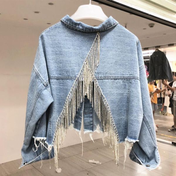 

lanmrem 2020 autumn new casual fashion temperament women coat loose plus inlaid rhinestone tassel back split denim jacket tc753, Black;brown