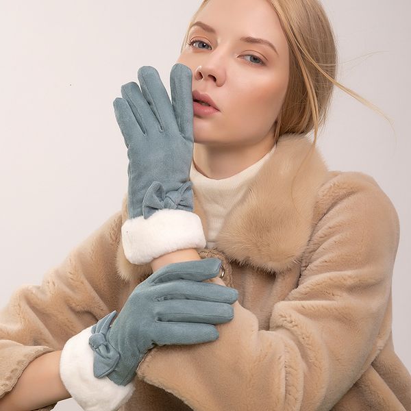 

suede touch screen women's thickened plush warm five finger fur mouth gloves student cute korean version, Blue;gray