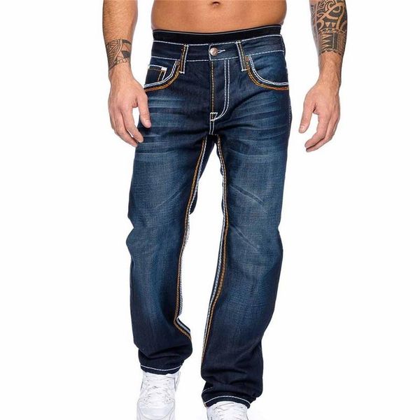 

laamei men's jeans autumn denim pants slim straight dark blue regular fit leisure long trousers jean men hombre