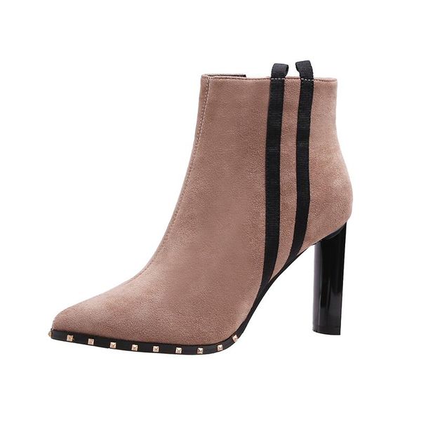 

women's winter shoes pointed toe ankle boots all-match flock heels, Black