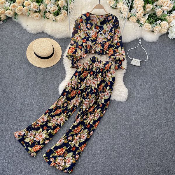 

2021 new female autumn singiny printing set puff collar short + high long pants pieces together b6kw, Gray