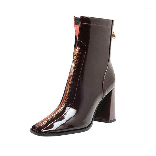 

boots genuine leather high heels ankle woman zipper short ladies shoes square toe party wedding pumps1, Black