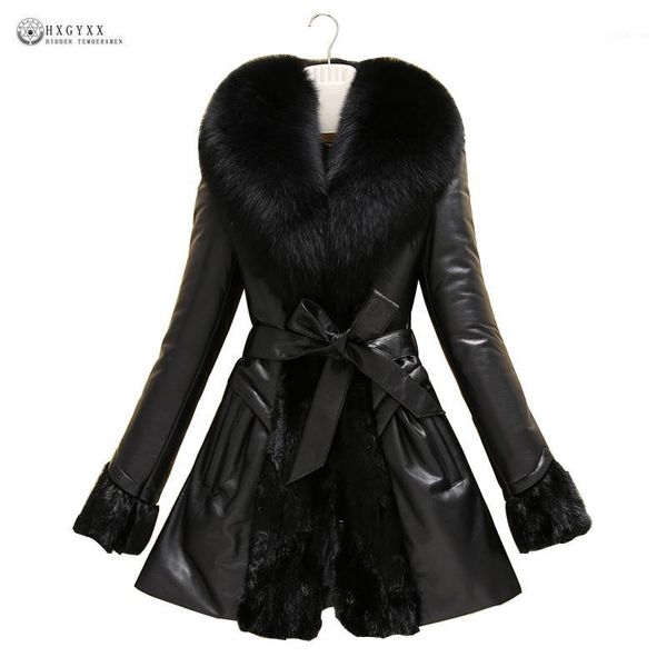

new genuine leather winter coat large fur collar belt sheepskin outerwear m-6xl plus size leather coat warm winter jacket ok10901, Black