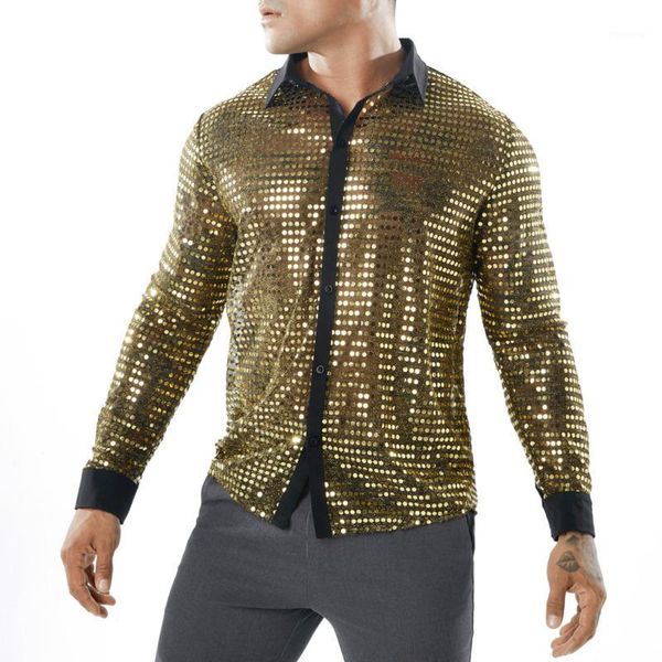 

fashion men sequined long sleeve casual slim fit shirts nightclub golden dance shirt1, White;black
