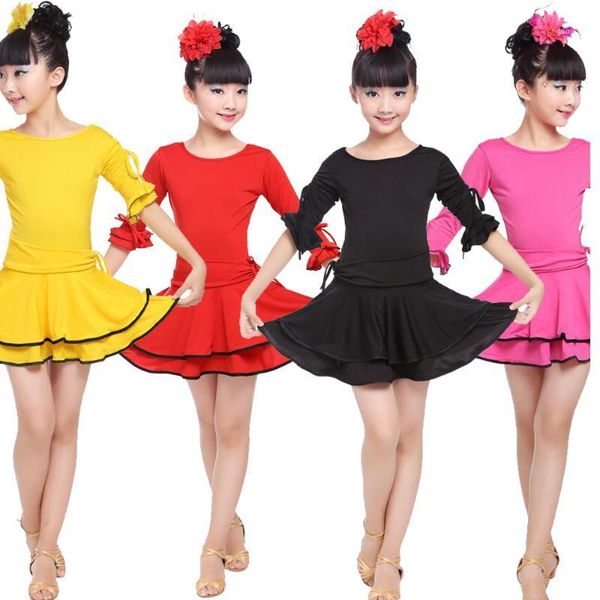 

colors girl party stage wear latin dress standard kids latin competition dance dress children salsa ballroom dancing costumes1, Black;red