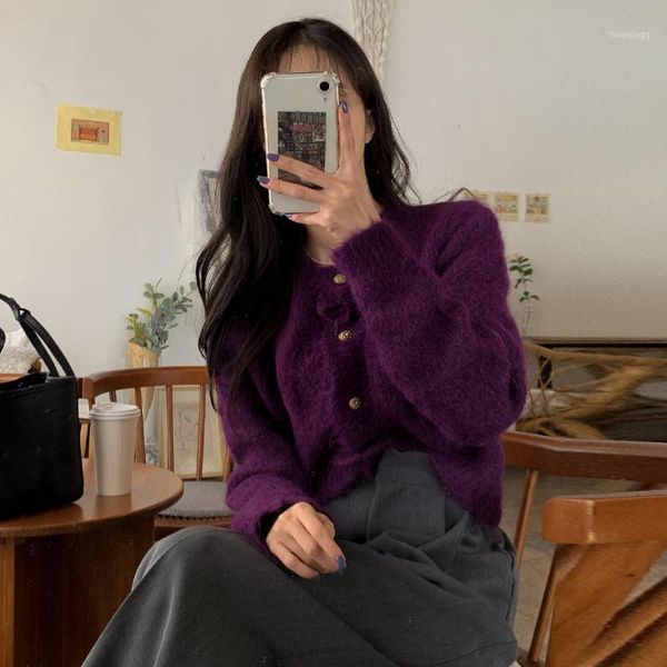 

autumn fashion purple knitted cardigan sweater women 2021 winter warm long sleeve jumpers casaul buttons women 1, White