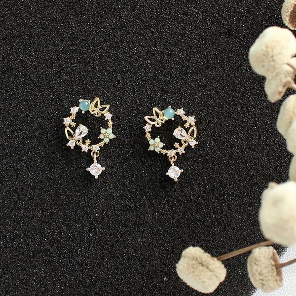 

stud creative hollow butterfly tiny flower crystal kpop earrings for women unique elegant femme party circle studs, Golden;silver