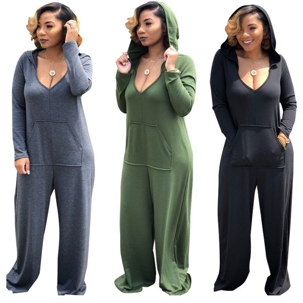 

women hooded loose jumosuit long sleeve v neck pocket romper ladies wide leg pants jumpsuit, Black;white