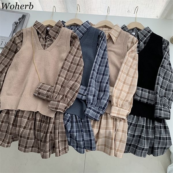 

woherb retro plaid loose mini pleated shirt dress + knitted vest +bag 3 pieces set women autumn elegant outfits korean suit 220302, White